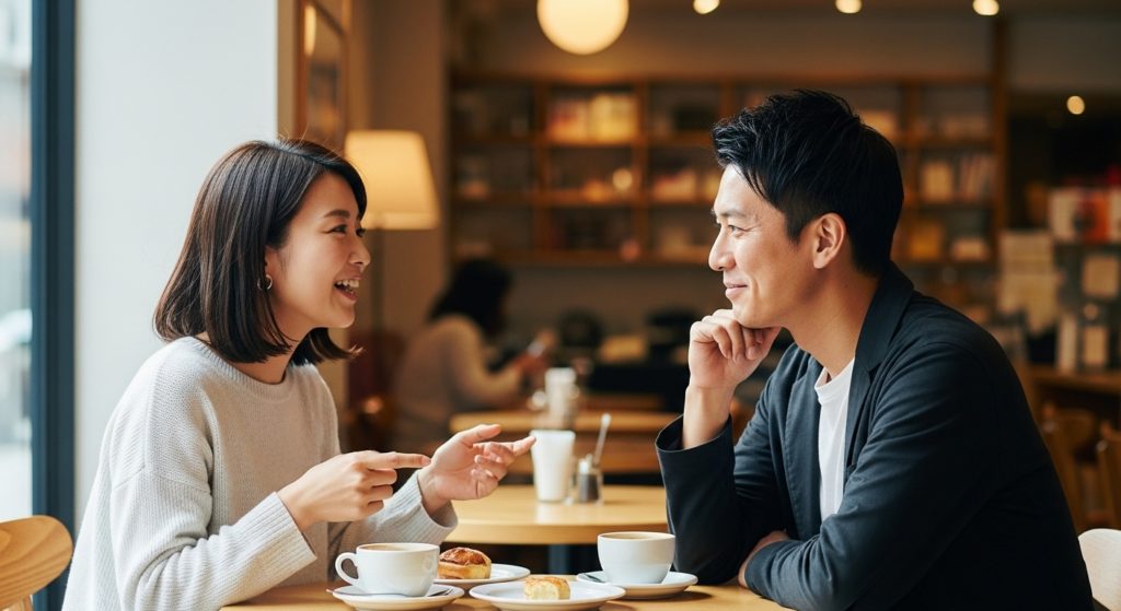 カフェで楽しそうに話す日本人カップル。男性が女性を優しい眼差しで見つめている。