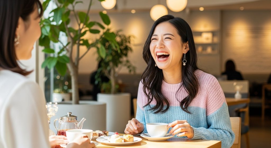 友人とカフェで楽しそうにお茶をしながら、心から笑っている日本人女性
