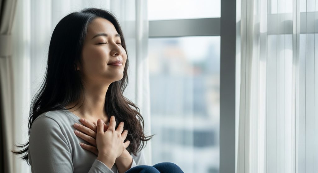 窓辺に座り、胸にそっと手を当てて目を閉じている日本人女性。穏やかで、何かが解放されたような表情。