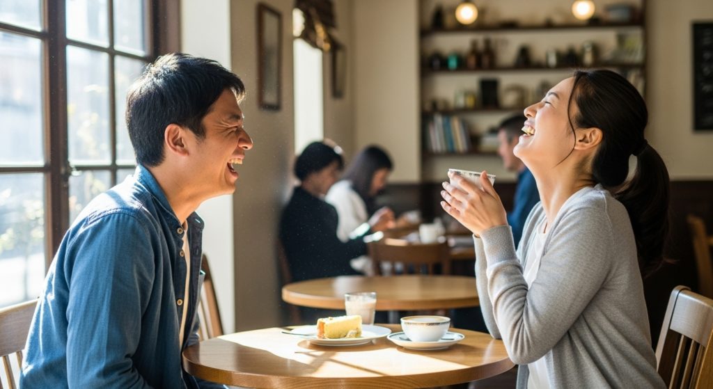 カフェで向かい合って、心の底から楽しそうに笑い合っている日本人男女。