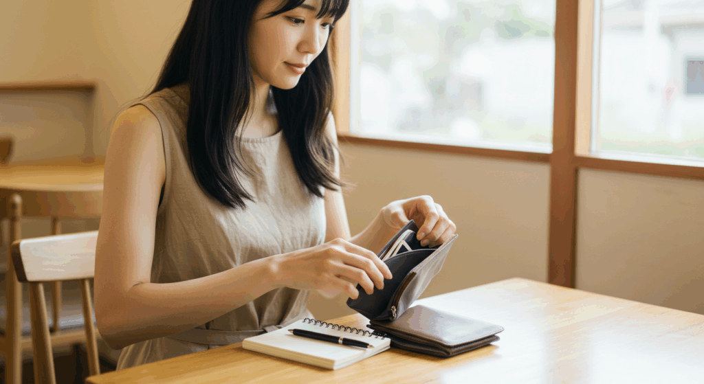 カフェのテーブルで、手帳やお財布を整理している日本人女性。大切なものをそっとポーチにしまう、丁寧な手元を写した画像。