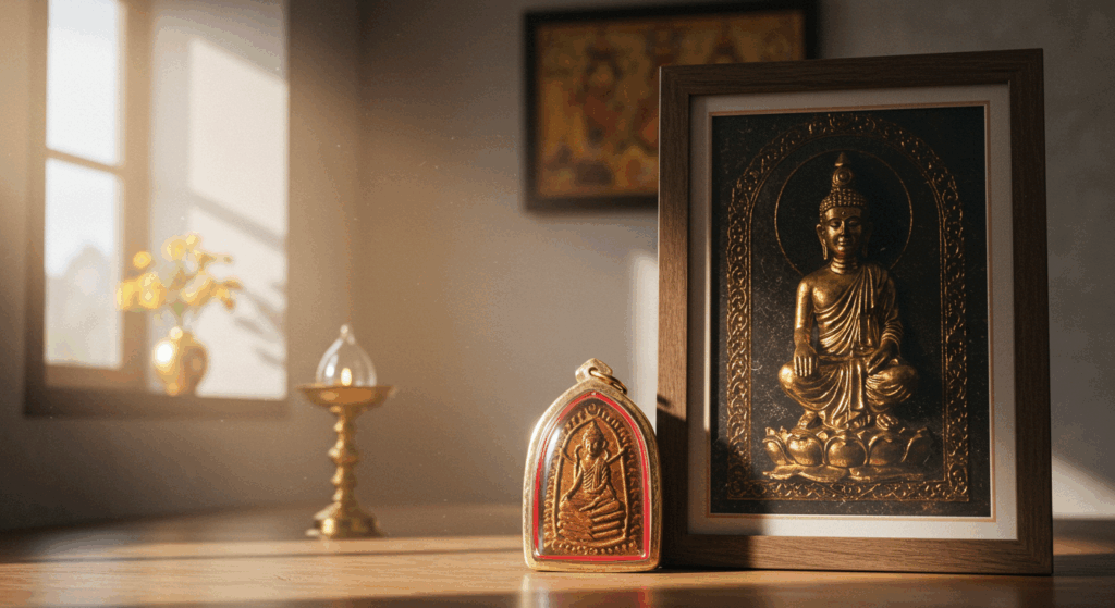 自宅の静かな部屋で、額装された護符（主護符）と、封印された小さな護符（従護符）が並べて置かれている神聖なイメージの画像。