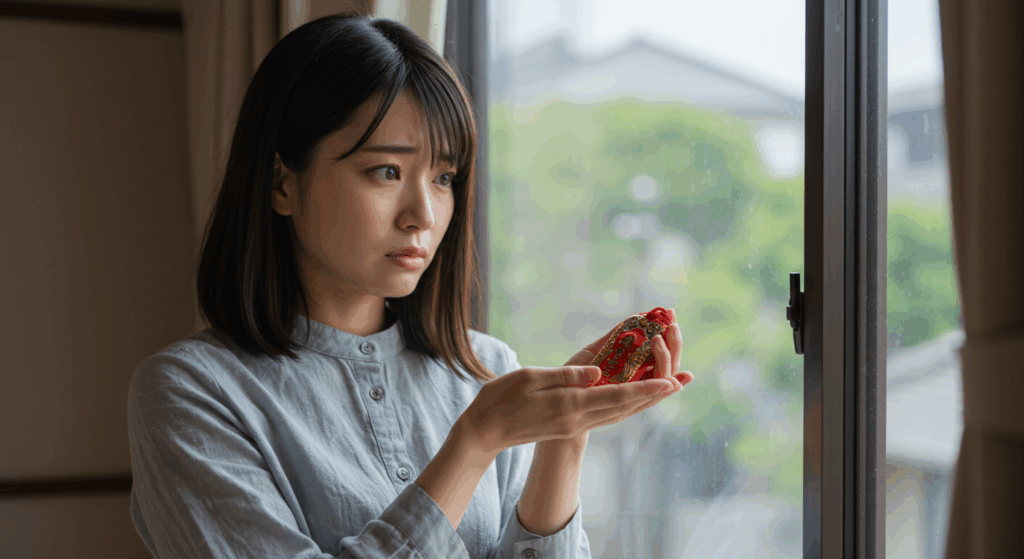 窓辺で一人、少し不安そうな表情で護符を手のひらに乗せて見つめている日本人女性。どうすればいいか悩んでいる様子。