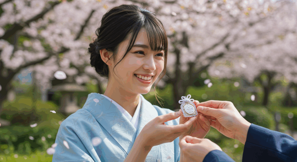 晴れやかな表情の日本人女性が、新しい護符を大切そうに受け取っているシーン。未来への希望を感じさせる明るい雰囲気。