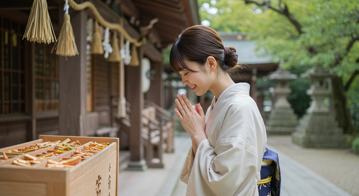 神社で古い護符を返納し、晴れやかな表情で一礼する日本人女性