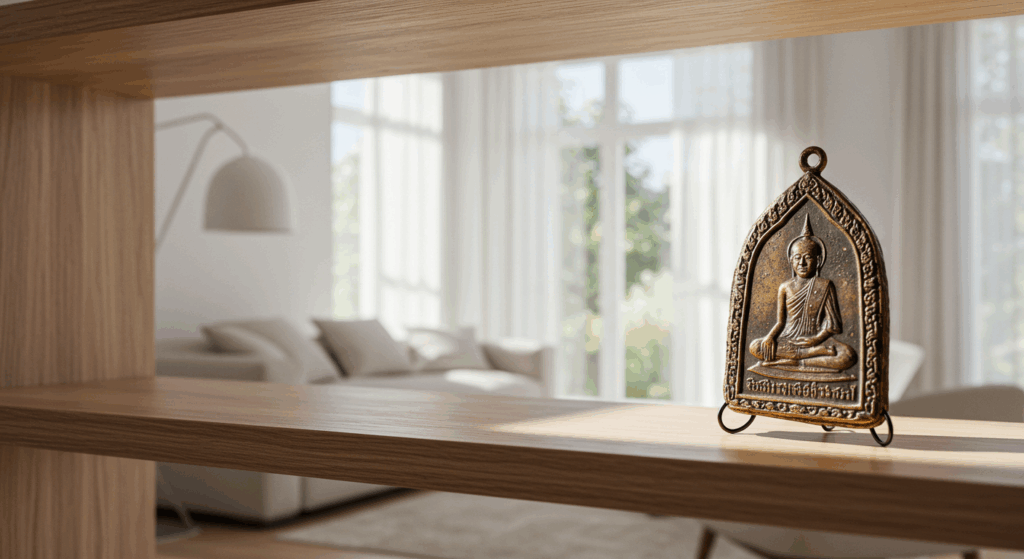 ご祈念堂の主護符を、明るく清らかなリビングの棚の上に飾っているイメージ