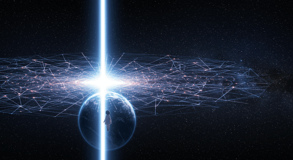 宇宙空間に広がる光のネットワーク。その中心から一本の強い光が、地球にいる一人の日本人の女性に向かってまっすぐに伸びているイメージ。