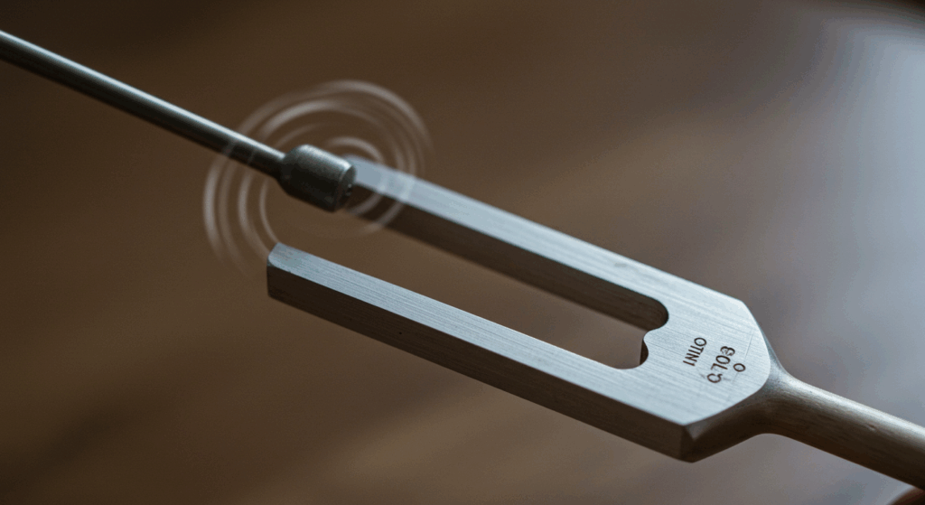 美しい音叉が、片方の振動にもう片方が共鳴して震えているクローズアップ