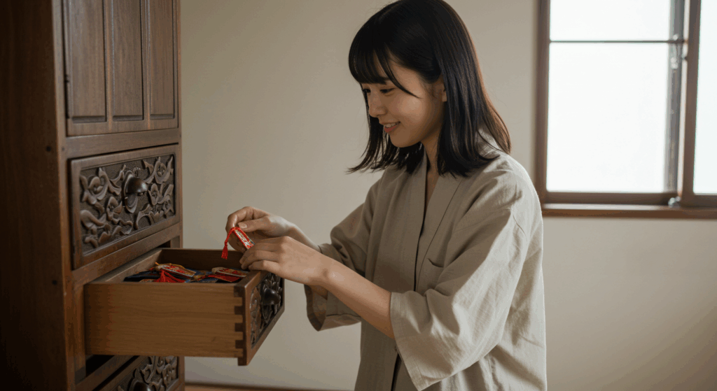 日本人の女性が、きれいに洗った手で、引き出しにしまっていた従護符を愛おしそうにそっと持ち上げている様子