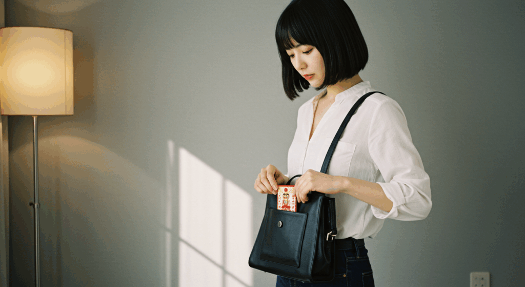 日本人の女性が、外出用のバッグのお守り用ポケットに、ご祈念堂の従護符をそっと入れている様子