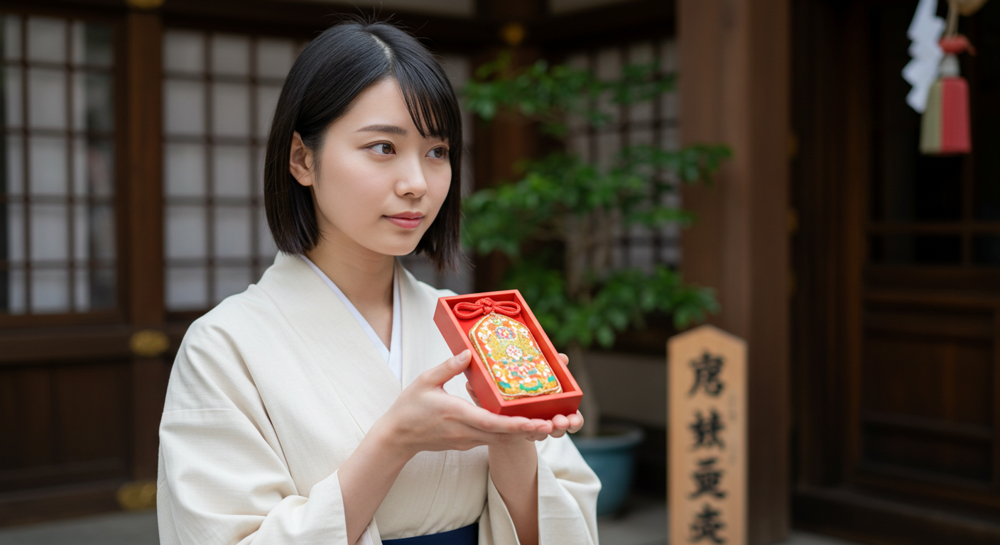 ご祈念堂の護符を聖な木箱に納められた美しい護符を両手でそっと持っている。彼女の表情は、未来への静かな希望と決意に満ちている。背景には観葉植物のグリーンが少しだけ見え、全体両手で大切に持ち、未来へ希望の眼差しを向ける日本人女性