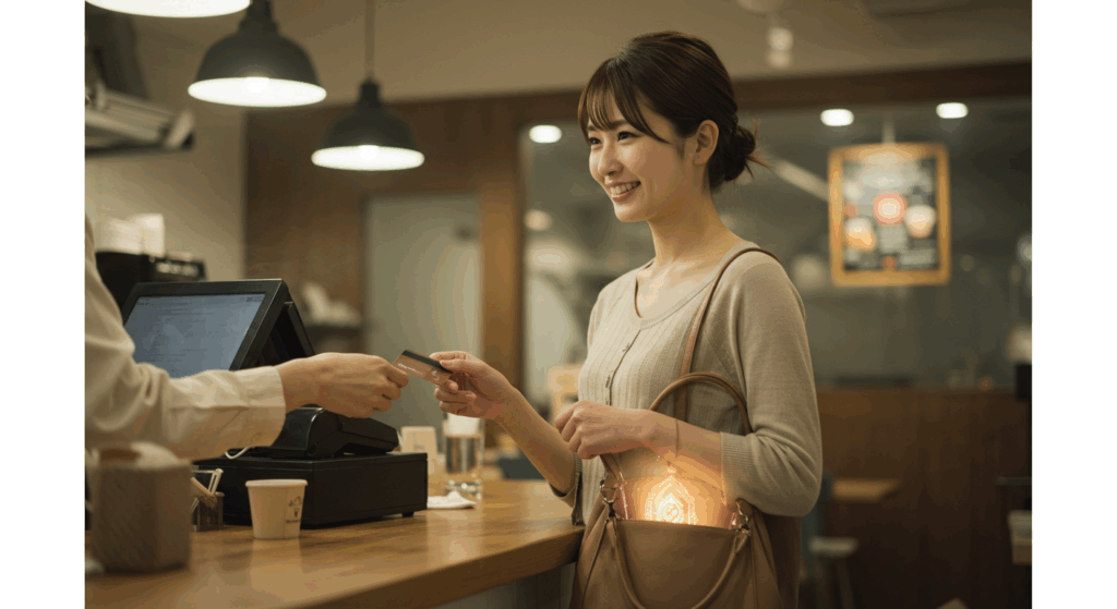 カフェのレジで、日本人の女性が感謝の気持ちを込めて丁寧にお金を支払っている。バッグの中の従護符が淡く光っているイメージ。