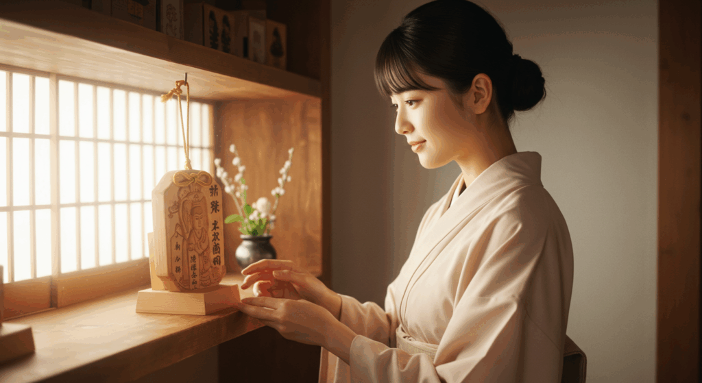 日本人の女性が、朝日の中で、棚に飾られた主護符を優しい眼差しで見つめ、そっと感謝を伝えている様子