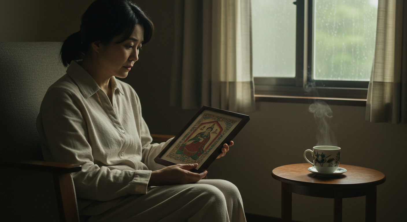 ご祈念堂の護符を両手でそっと見つめ、希望の光を探している物憂げな表情の日本人女性