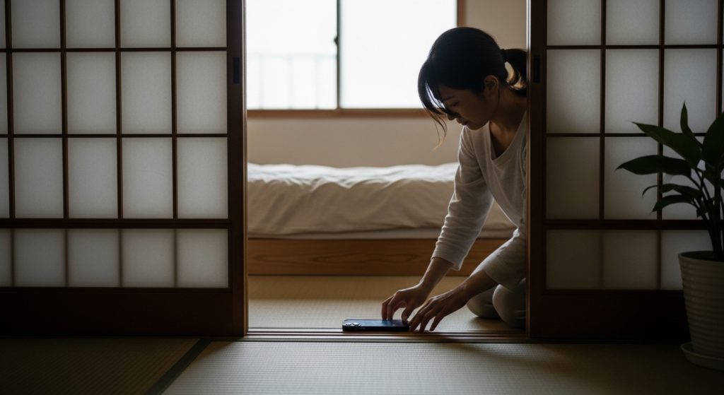 寝室の外にある棚にスマートフォンを置く日本人の手元
