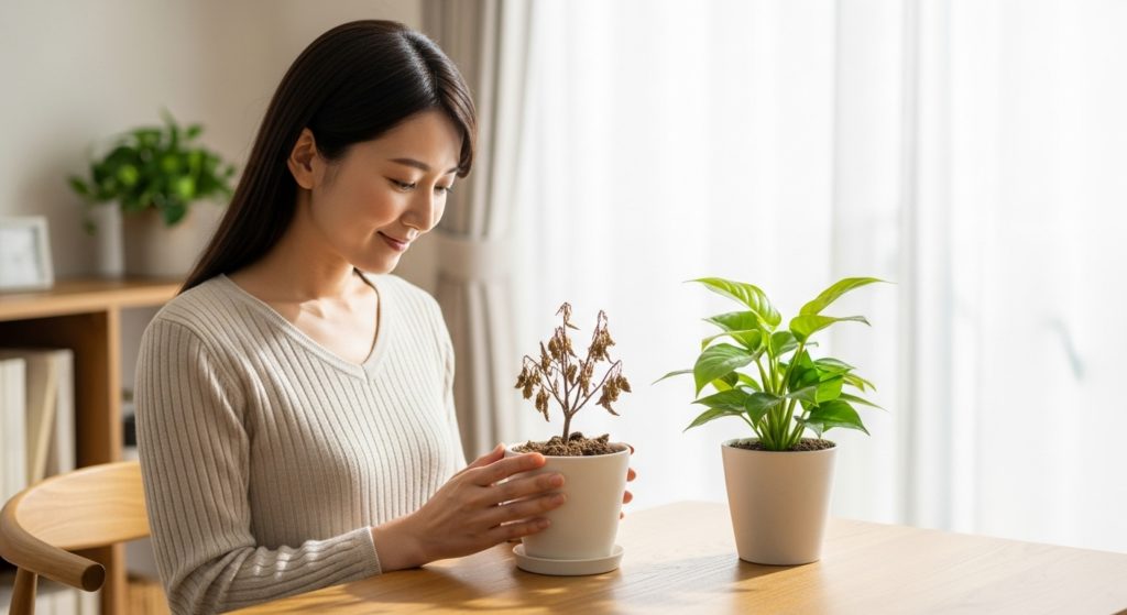 枯れた植物を優しく見つめる日本人女性の様子