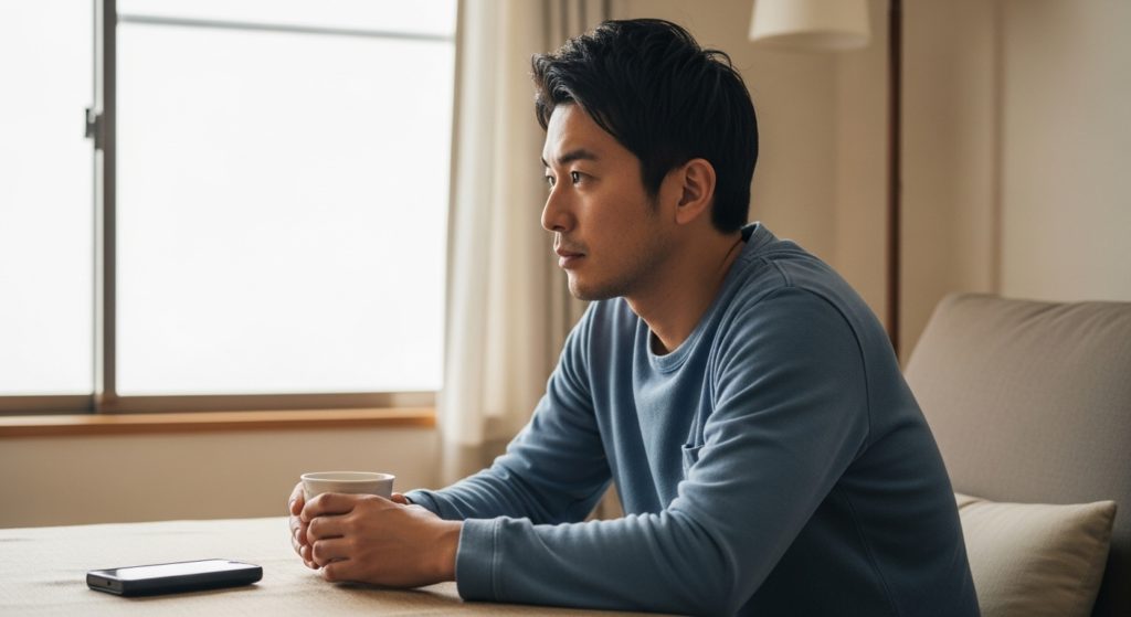 部屋で一人、静かにお茶を飲んでリラックスしている30代日本人男性のイメージ