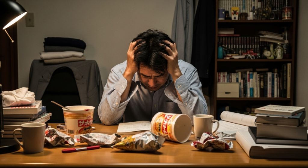 散らかった部屋のテーブルで、頭を抱えている30代日本人男性のイメージ