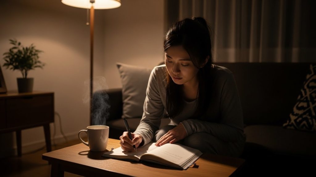 夜のリビング、間接照明の中で日記を書いている手元。そばには温かい飲み物があり、静かな時間が流れている。