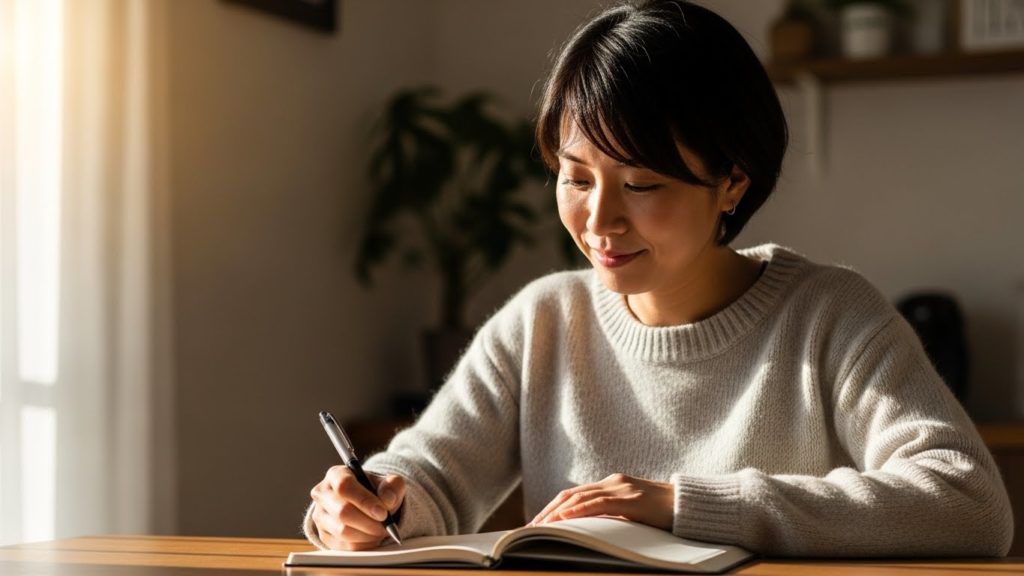 30代の日本人が、手帳を開いて自分のための予定を書き込んでいる様子。柔らかな光の中で、少し微笑んでいる。