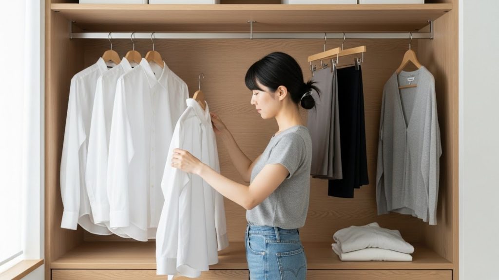 すっきりとしたクローゼットの前で、白いシャツを選んでいる日本人の手元。服の数が少なく、整然としている。