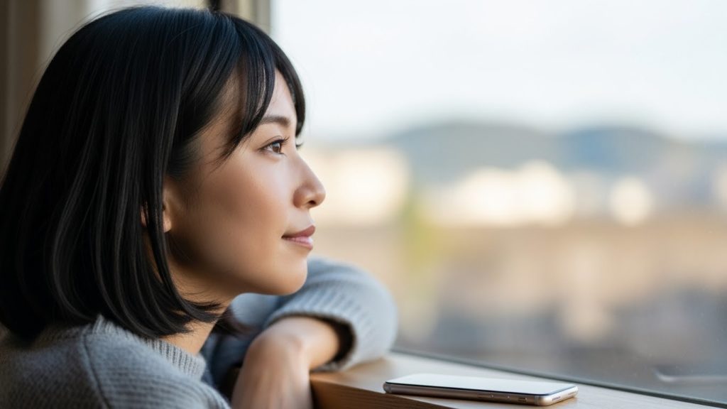 スマートフォンの画面を見ずに伏せて置き、窓の外の景色を眺めている穏やかな横顔。