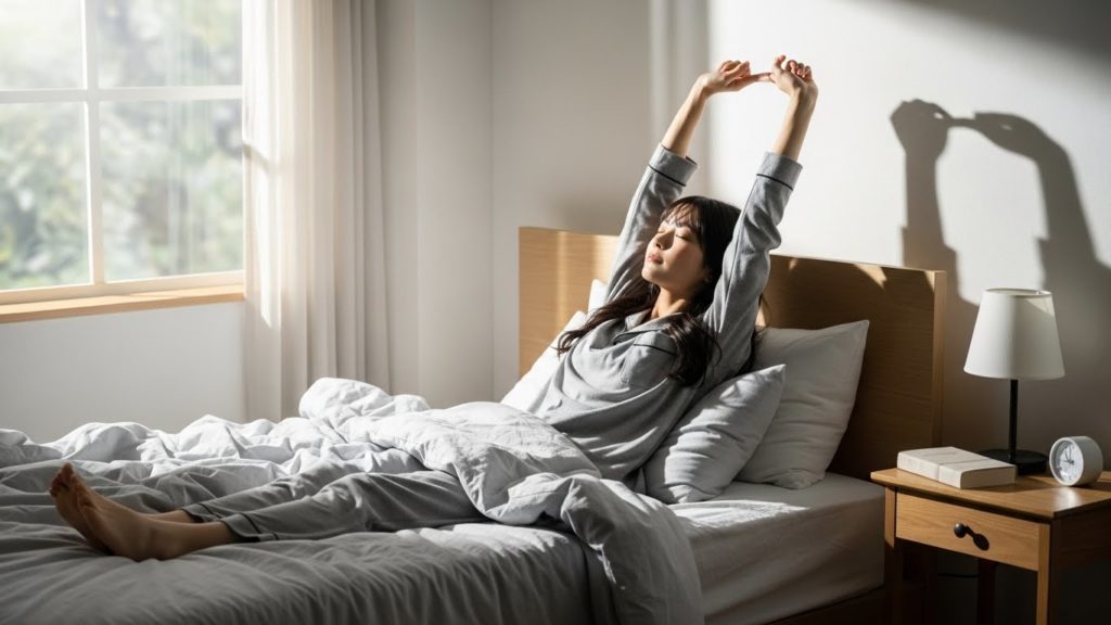 ベッドの上でゆっくりと伸びをしている日本人女性。窓から柔らかな朝の光が差し込んでいる。