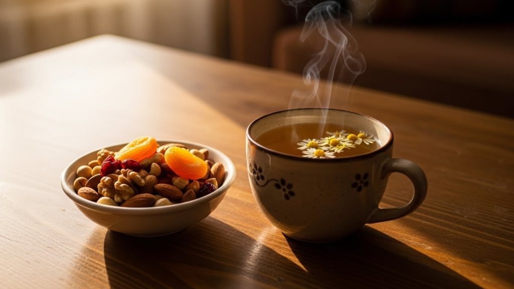 木製のテーブルに置かれた温かいカモミールティーと、小さなボウルに入ったナッツやドライフルーツ。リラックスした午後の雰囲気。