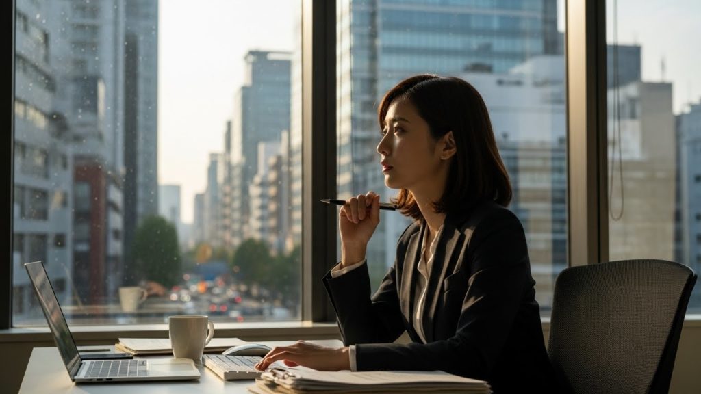 デスクワークの合間にふとため息をつき、窓の外を見つめる30代の日本人ビジネスパーソン。疲労感の中に少しの寂しさが漂う。