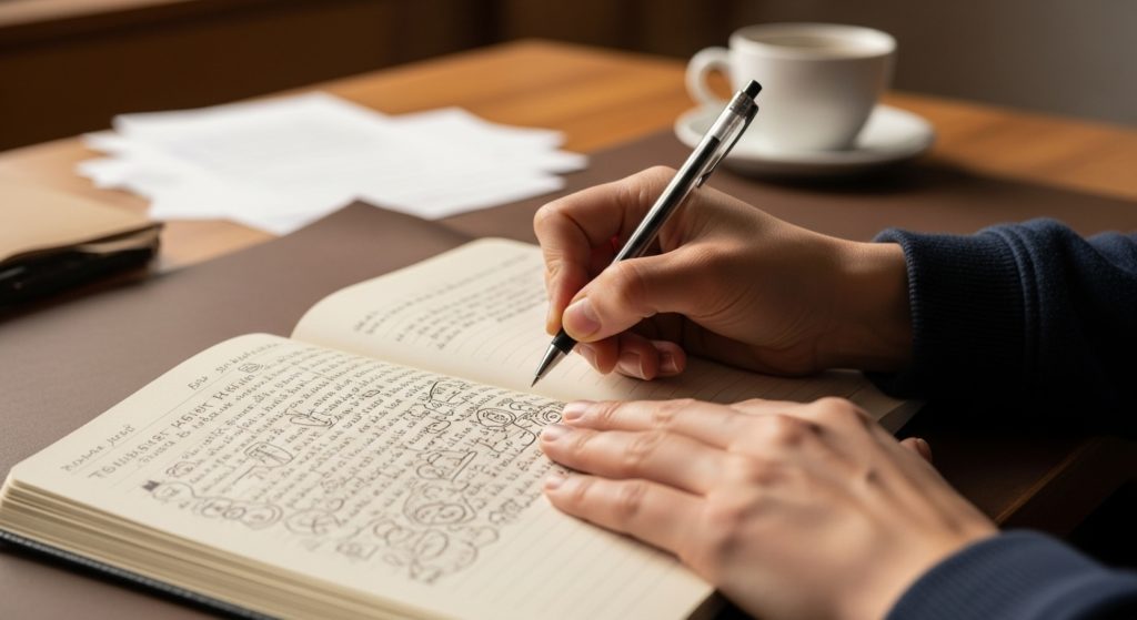 ノートに思いつくまま文字を書いている手元