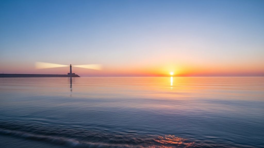 2026年の初日の出が穏やかな海を照らし、遠くに灯台が見える希望に満ちた風景