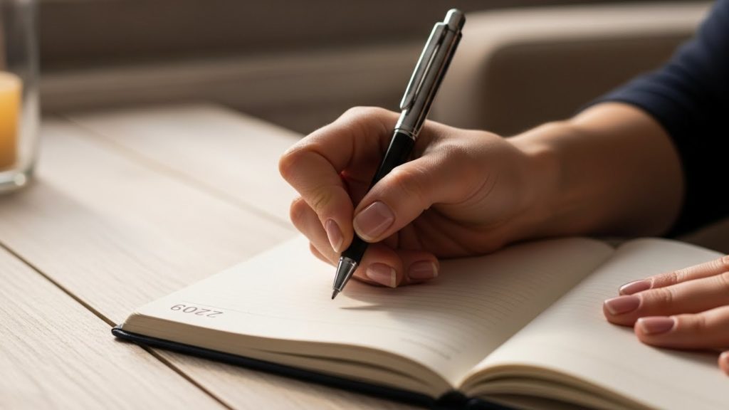 お気に入りのペンで2026年の手帳に書き込みをする女性の手元