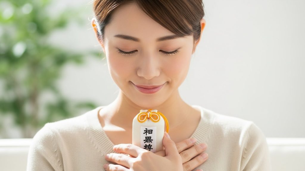 お守り袋を胸の前で両手で包み込み、安堵の表情を浮かべる日本人女性