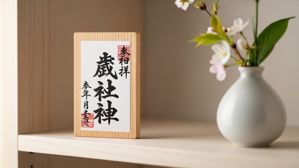 清潔な棚に祀られた木札の護符と、添えられた一輪挿しの花