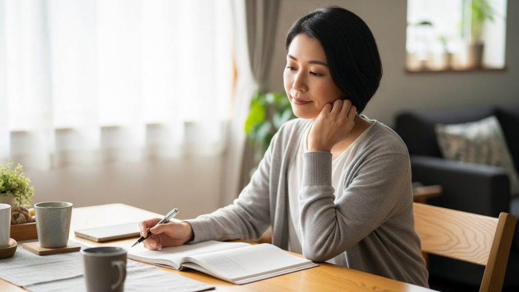 家計簿を開きながら穏やかに考え事をする日本人女性