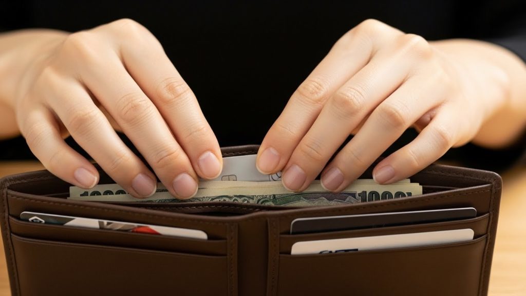 財布の中身を整理する日本人女性の手元