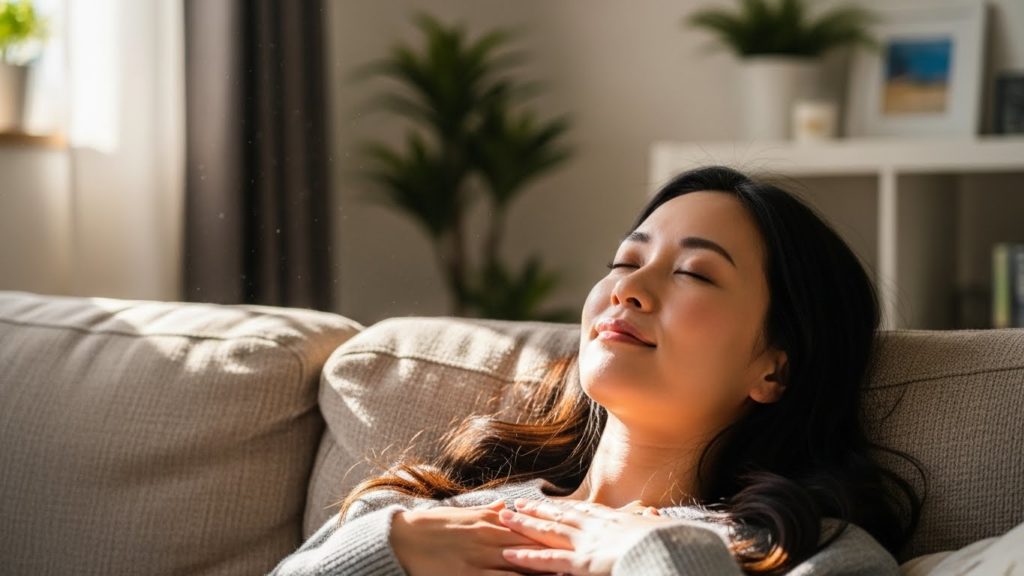 柔らかな朝の光の中で、ソファに座り心を落ち着かせている日本人女性