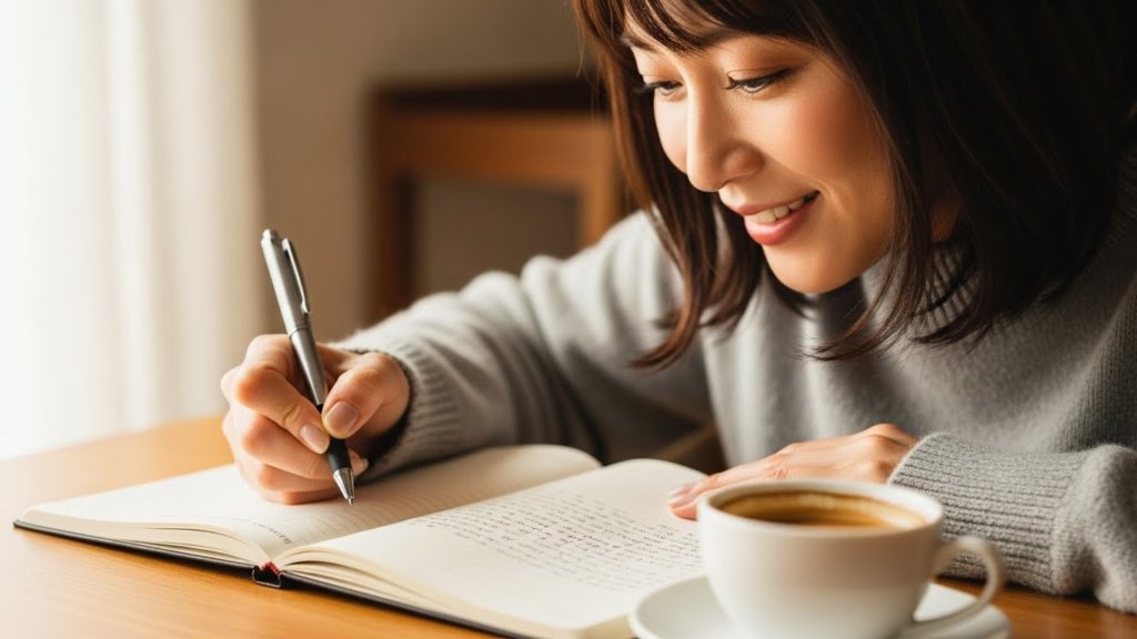 カフェでノートを開き、穏やかな表情で書き物をしている日本人女性