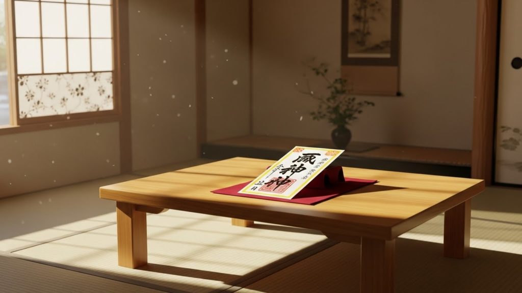 柔らかな朝日が差し込む和室の机に置かれた、厳かな雰囲気の護符