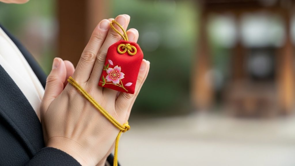 お守り袋を手に持ち、静かに決意を込める日本人女性の手元