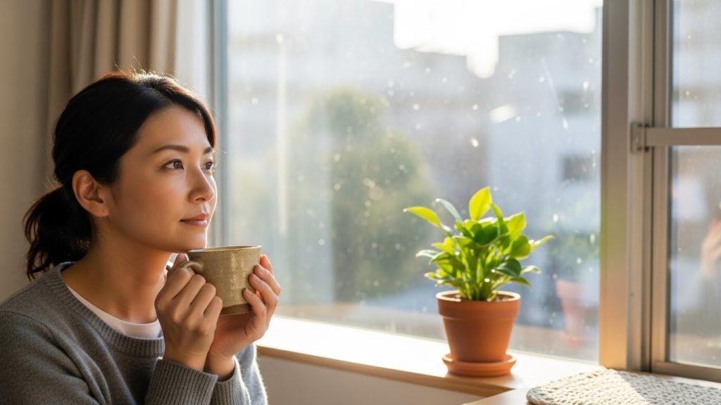 窓の外を眺めながら自分を整える時間を過ごす女性