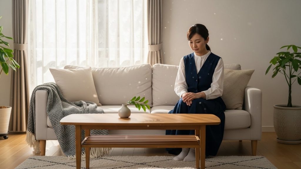 部屋で静かに自分と向き合う30代の女性