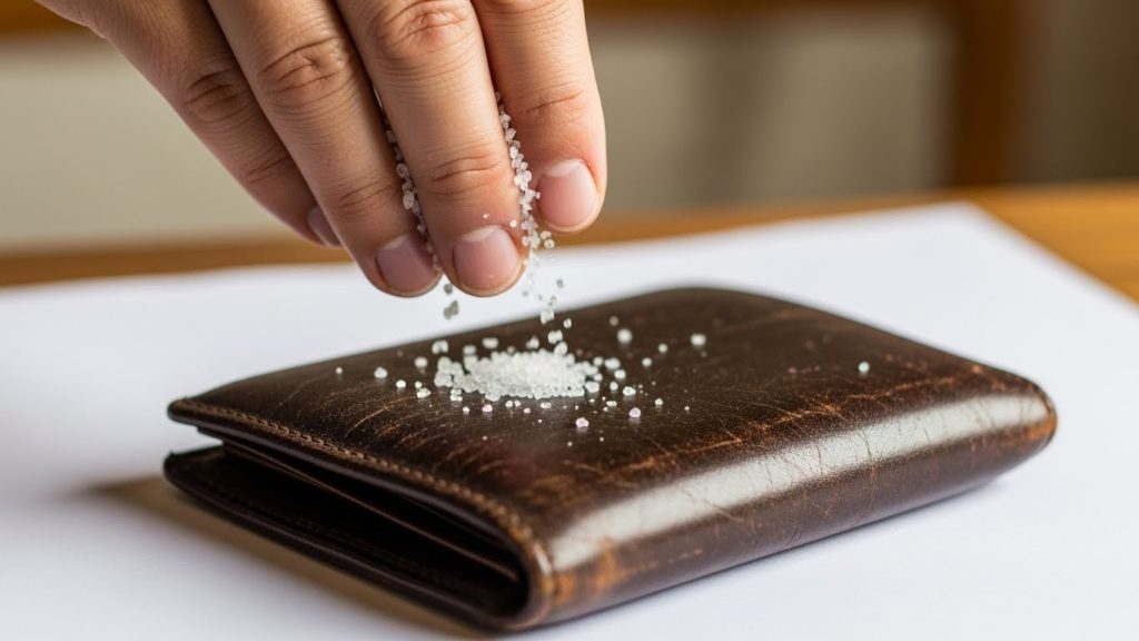 白い紙の上に古い財布を置き、粗塩を振って清めている手元のアップ