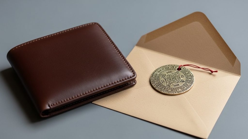 新しい革財布と、その横に置かれた封筒に入った護符のイメージ