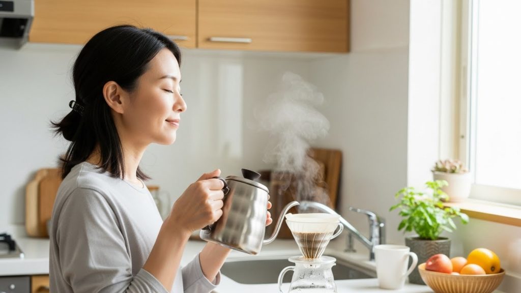 キッチンでコーヒーを淹れながら、ふっと力を抜いてリラックスしている女性の横顔