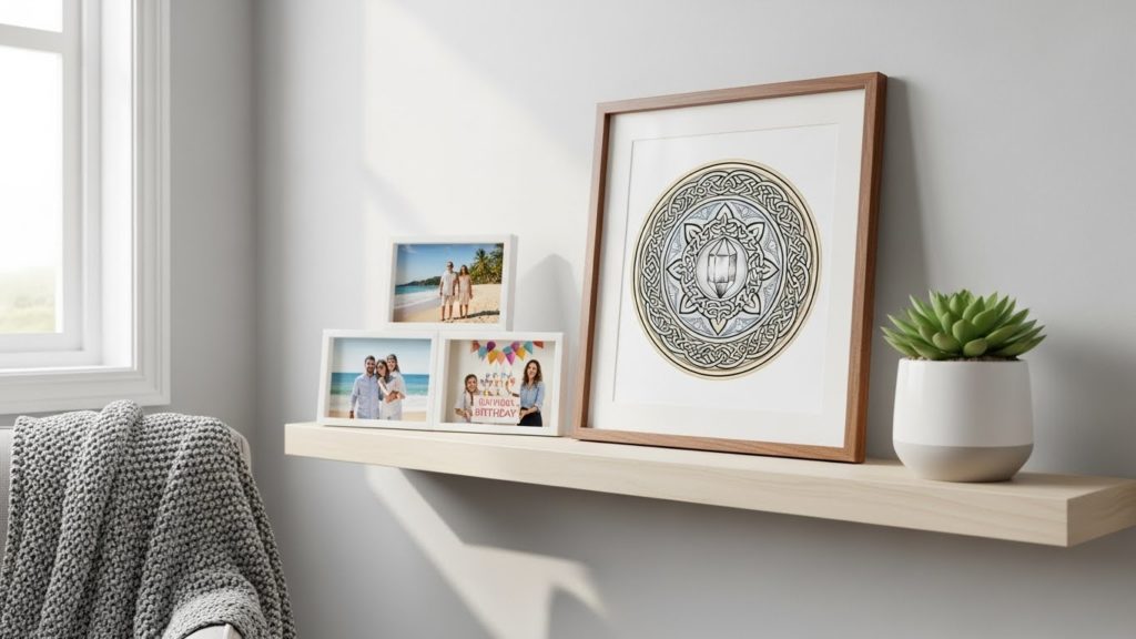 清潔なリビングの棚に、家族写真と一緒に飾られた額装された護符のイメージ