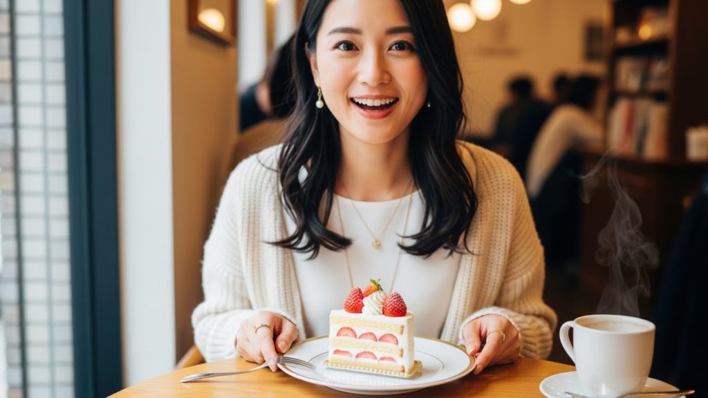 カフェで少し高価なケーキを前に、幸せそうな表情を浮かべている様子
