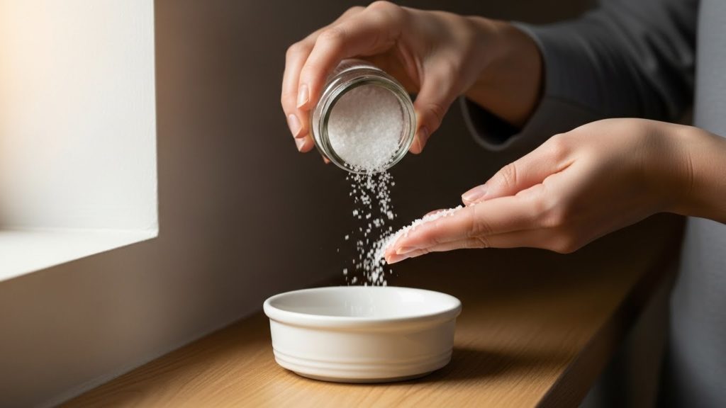 白い小皿に盛られた塩を、部屋の隅に置こうとしている手元のアップ