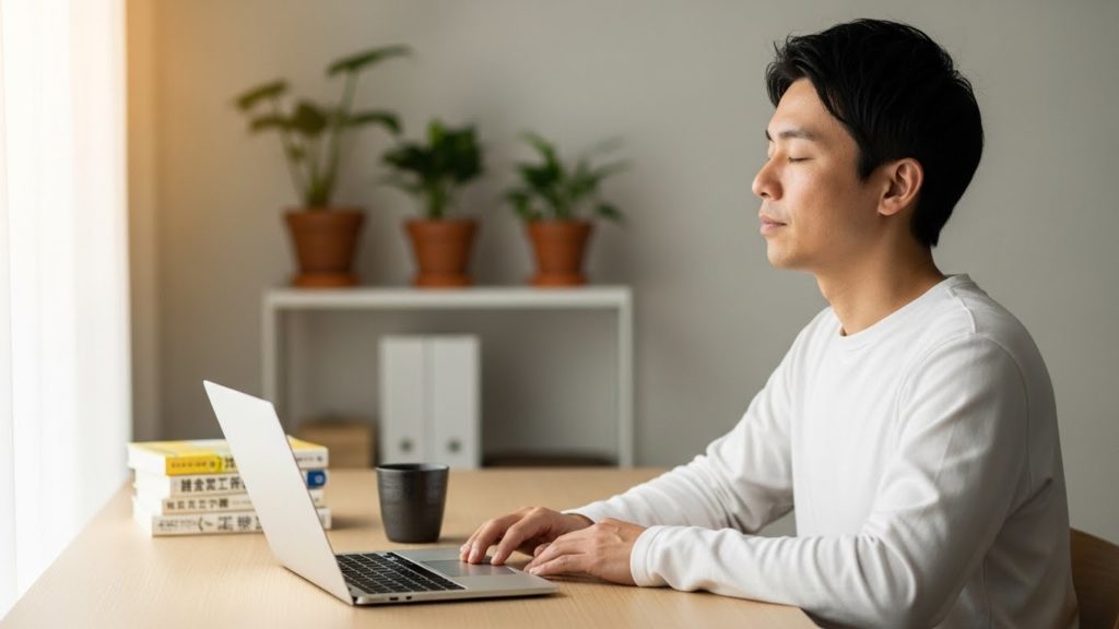 整えられたデスクの上で、深呼吸をして心を落ち着かせている様子