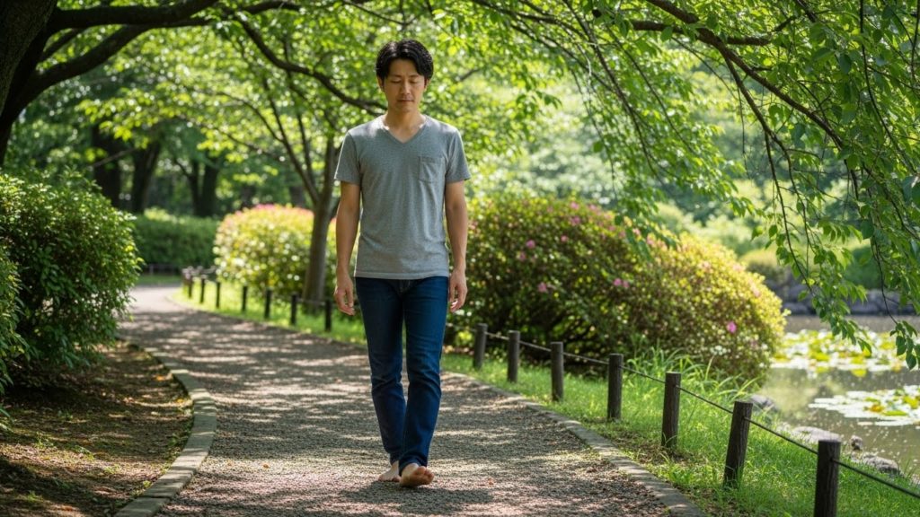 公園の小道を、足の裏の感覚を確かめるようにゆっくり歩いている30代日本人男性